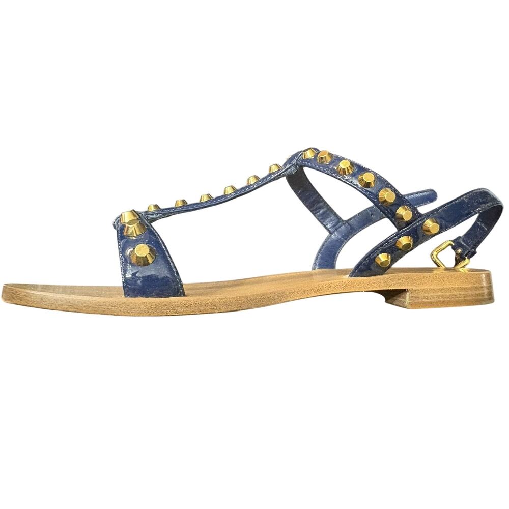 PRADA ROYAL NAVY PATENT LEATHER GOLD STUDDED T-STRAP FLAT SANDALS SIZE 38